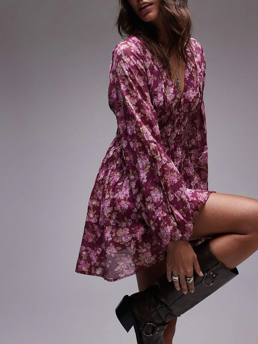 Free People Keep You Mini Dress Berry Combo Floral Boho V-Neck Large EUC